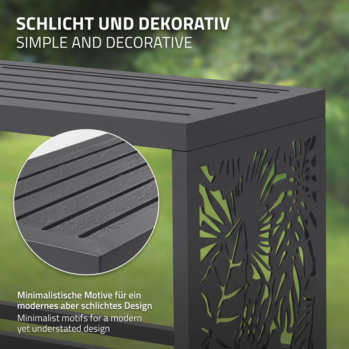 REGÁL NA DŘEVO do interiéru i exteriéru s lavičkou, kovový regál na palivové dřevo, antracitová barva, 120 x 38 x 43 cm, pozinkovaná ocel, motiv listů - antracitová, kov (120/43/38cm) - ML-DESIGN