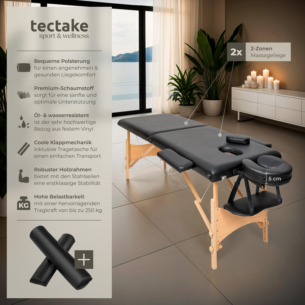 MASSAGELIEGE 2 Zonen Freddi,210 x 95 x 84 cm,schwarz - Schwarz, Holz (95/84/210cm) - tectake