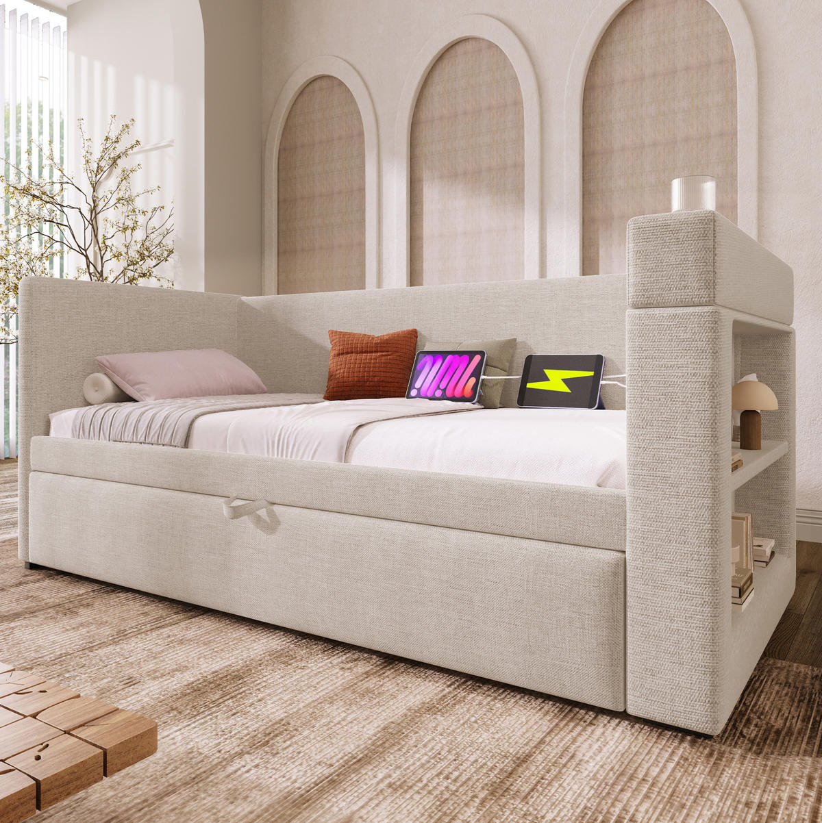 TAPECIRANI dnevni krevet od pamuka i lana 90x190 cm bež s izvlačnim ležajem, USB i Type-C priključkom te držačima za čaše - bež, tekstil (90/190cm) - Modfu
