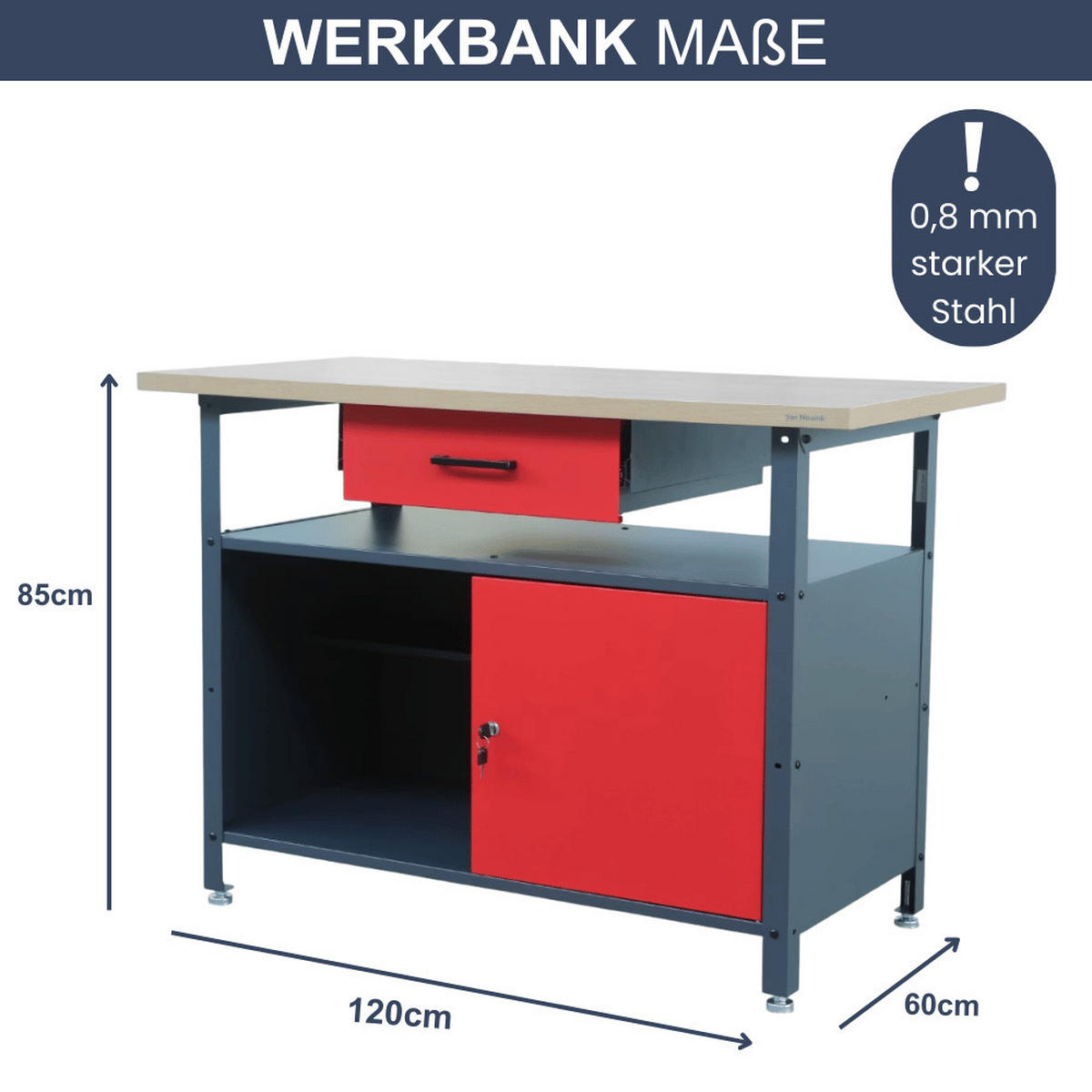 WERKBANK Werkstatt ERWA 85x120x60cm Anthrazit-Rot - Anthrazit, Metall (120/85/60cm) - DELUKE