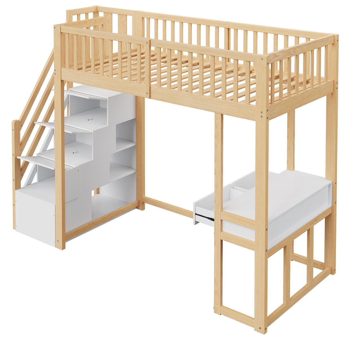 HOCHBETT 90/200 cm mit Multifunktionstisch und Aufbewahrungstreppe aus Kiefern, Weiß/Eiche hell - Weiß, Holzwerkstoff (90/200cm) - Redom
