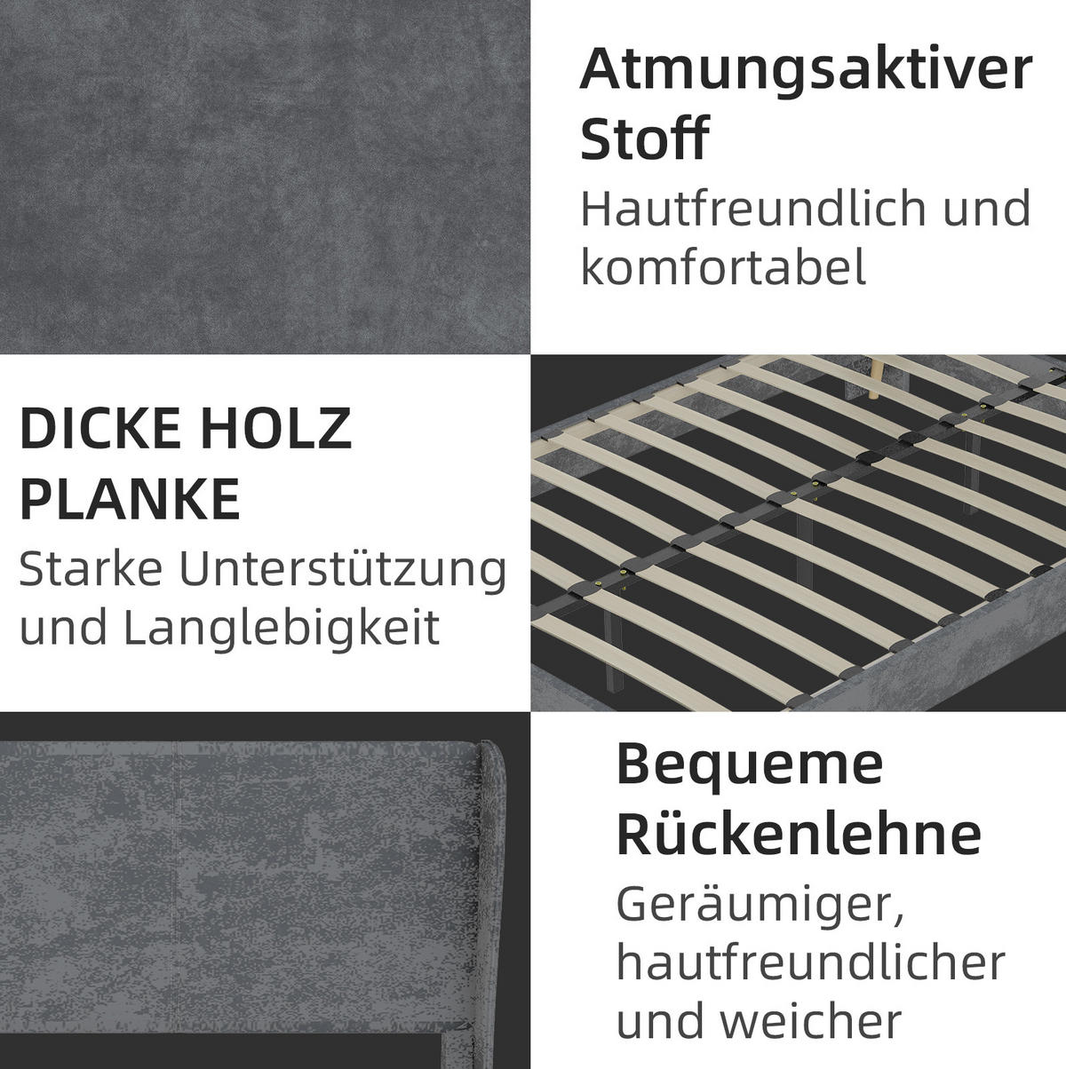 POLSTERBETT 160/200 cm grau aus Stoff und Metall mit gepolstertem Kopfteil - Grau, Textil (160/200cm) - OKWISH