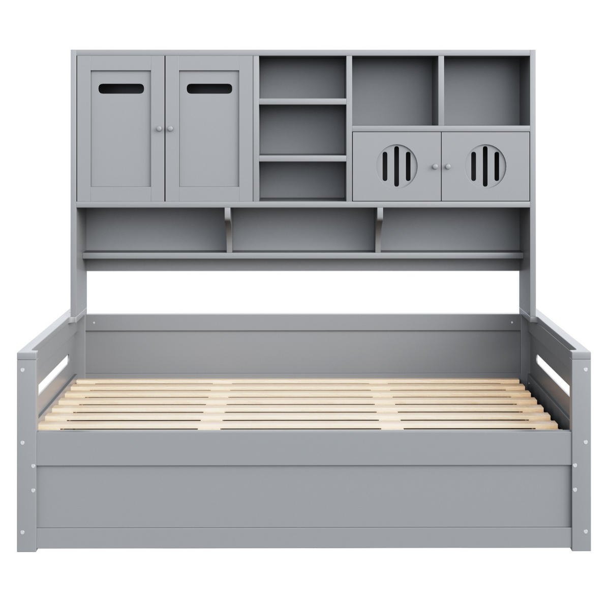 BETT 90/200 cm Grau mit hydraulischem Stauraum und Kopfteilregal - Grau, Holz (90/200cm) - Flora Grace