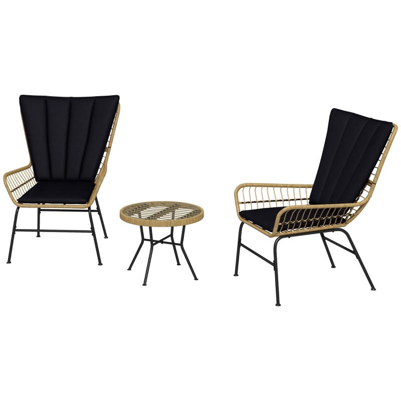RATTAN GARTENMÖBEL SET 3-tlg. mit 2 Stühlen & Beistelltisch Hartglasplatte - Schwarz, Metall - ComfortXL