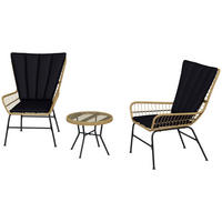 RATTAN GARTENMÖBEL SET 3-tlg. mit 2 Stühlen & Beistelltisch Hartglasplatte - Schwarz, Metall - ComfortXL