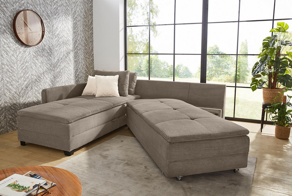 ECKSOFA-DAUERSCHLÄFER Doppelbett Boxspring Federkern Topper, seitenverkehrt montierbar B306/T223/H95 cm, Cord Braun Taupe / 15162 - Taupe/Schwarz, Kunststoff/Textil (306/223cm) - luma-home