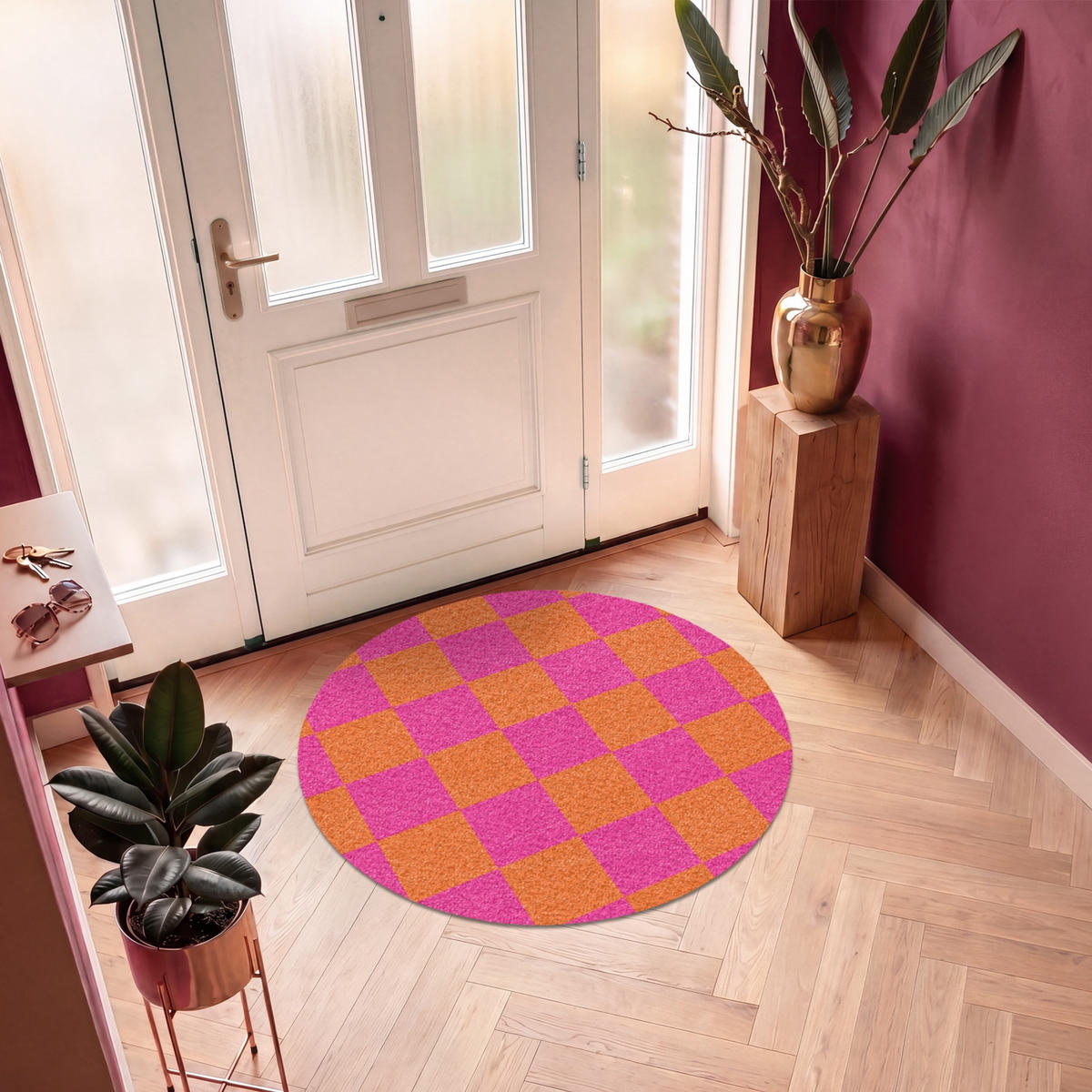 FUSSMATTE Schachbrettmuster - Orange - Rosa - Blöcke Schmutzfangmatte 120x120 cm - Pink, Kunststoff (120/120cm) - MuchoWow