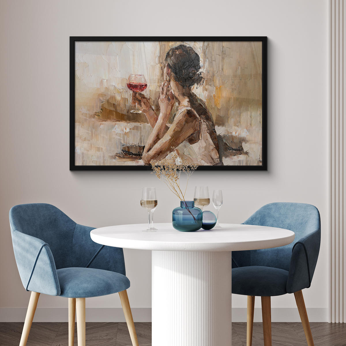 ZARÁMOVANÝ PLAGÁT Olejomaľba - Žena - Víno 90x60 cm - svetlohnedá, papier (90/60cm) - MuchoWow