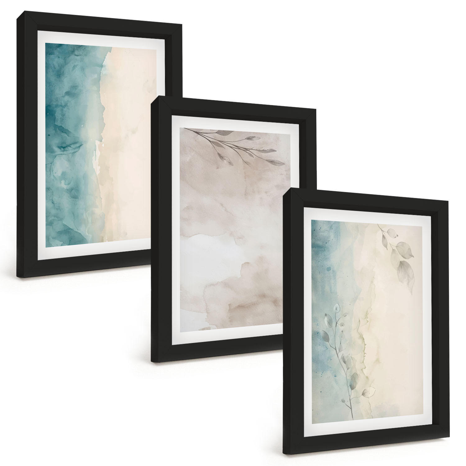 BILDER SET 3er Set - 20x30 cm Schwarzer Rahmen - Feine Aquarelltexturen - Schwarz, Kunststoff (20/30cm) - TULUP