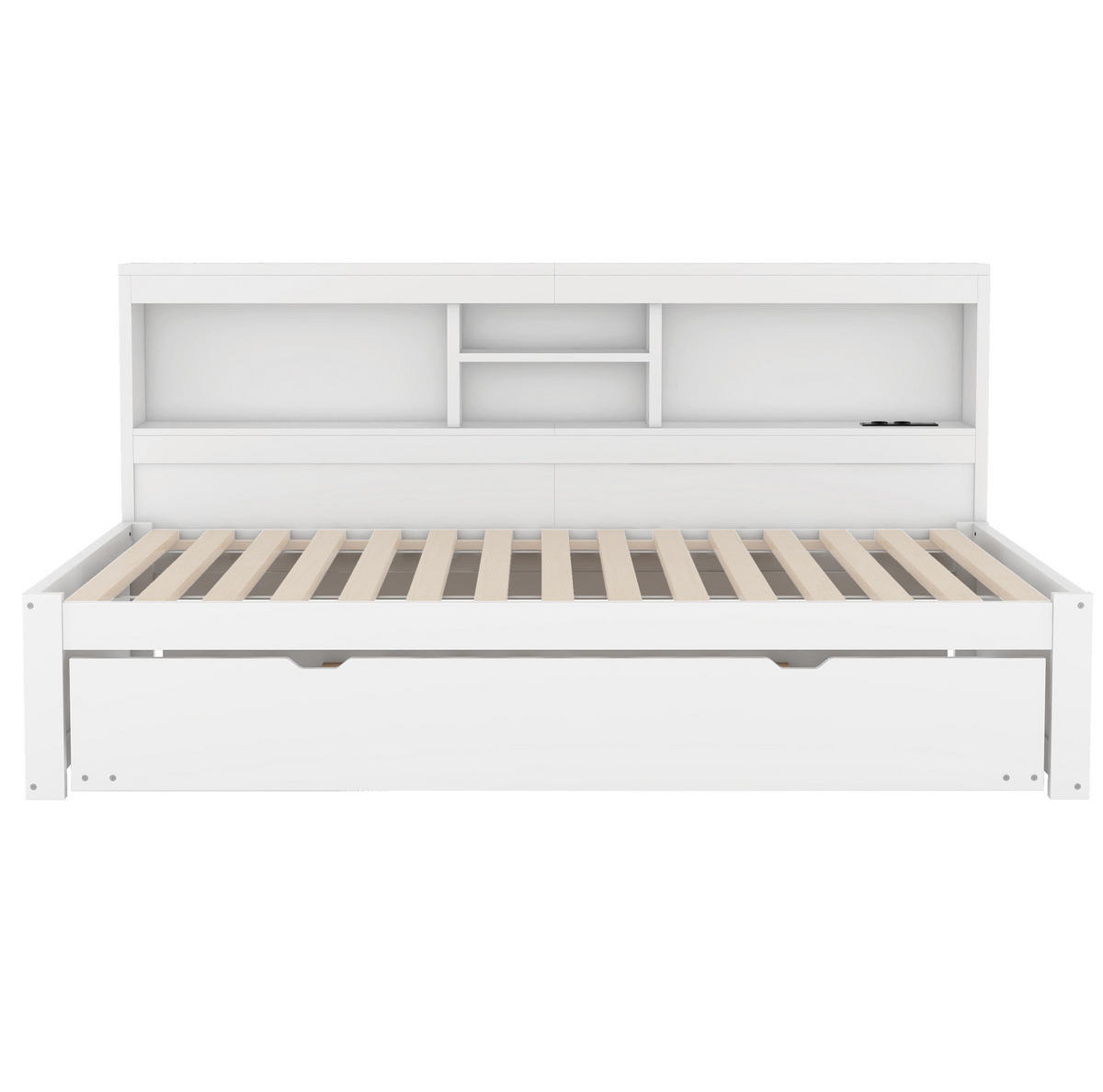 BETT 90/200 cm mit Ausziehbett, LED-Beleuchtung und Stauraum in Weiß - Weiß, Holzwerkstoff (90/200cm) - BEAOK