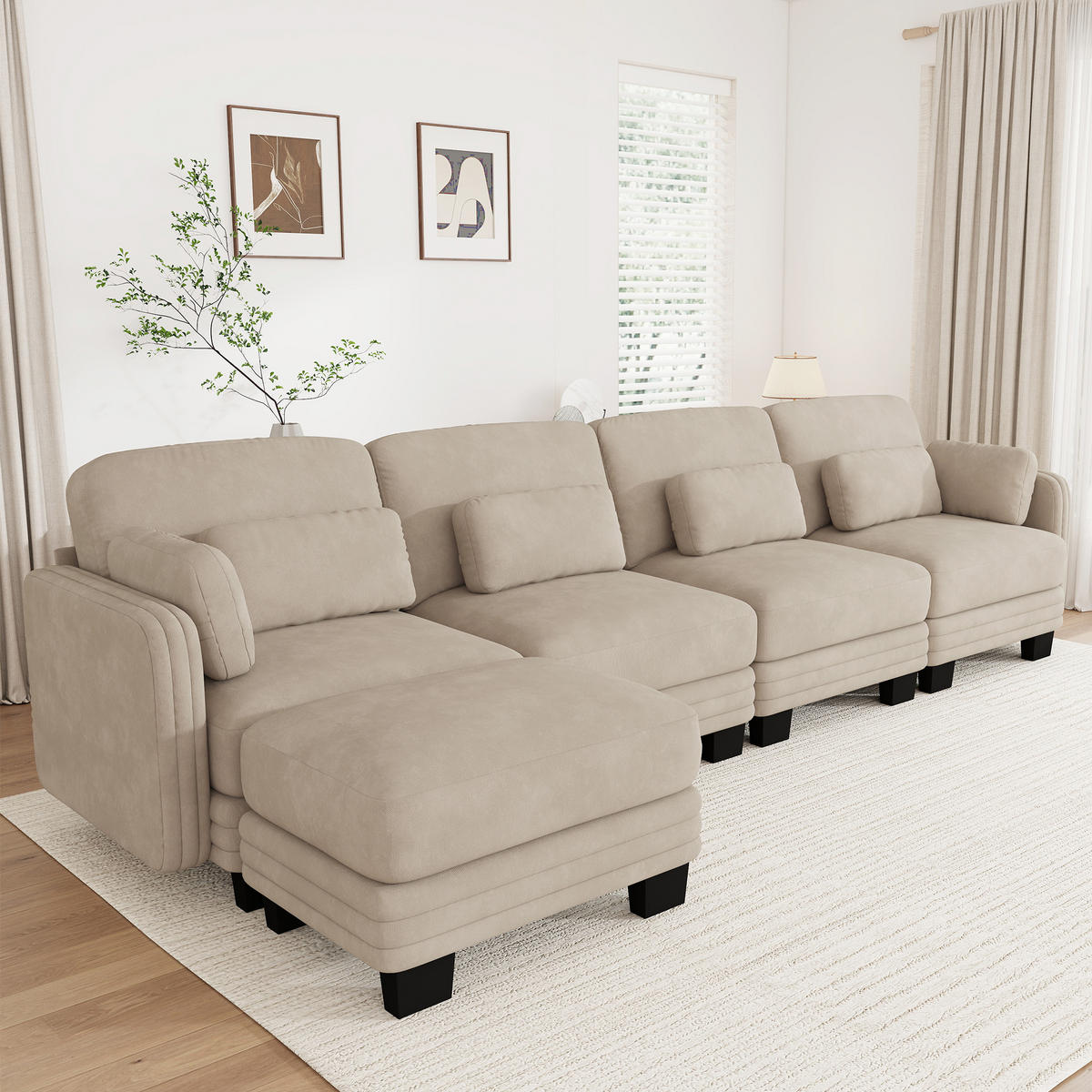 ECKSOFA 4-Sitzer L-Form mit Ottomane und Kissen, DE-42686, Hellbraun - Hellbraun, Holz (330/143cm) - ComfortXL