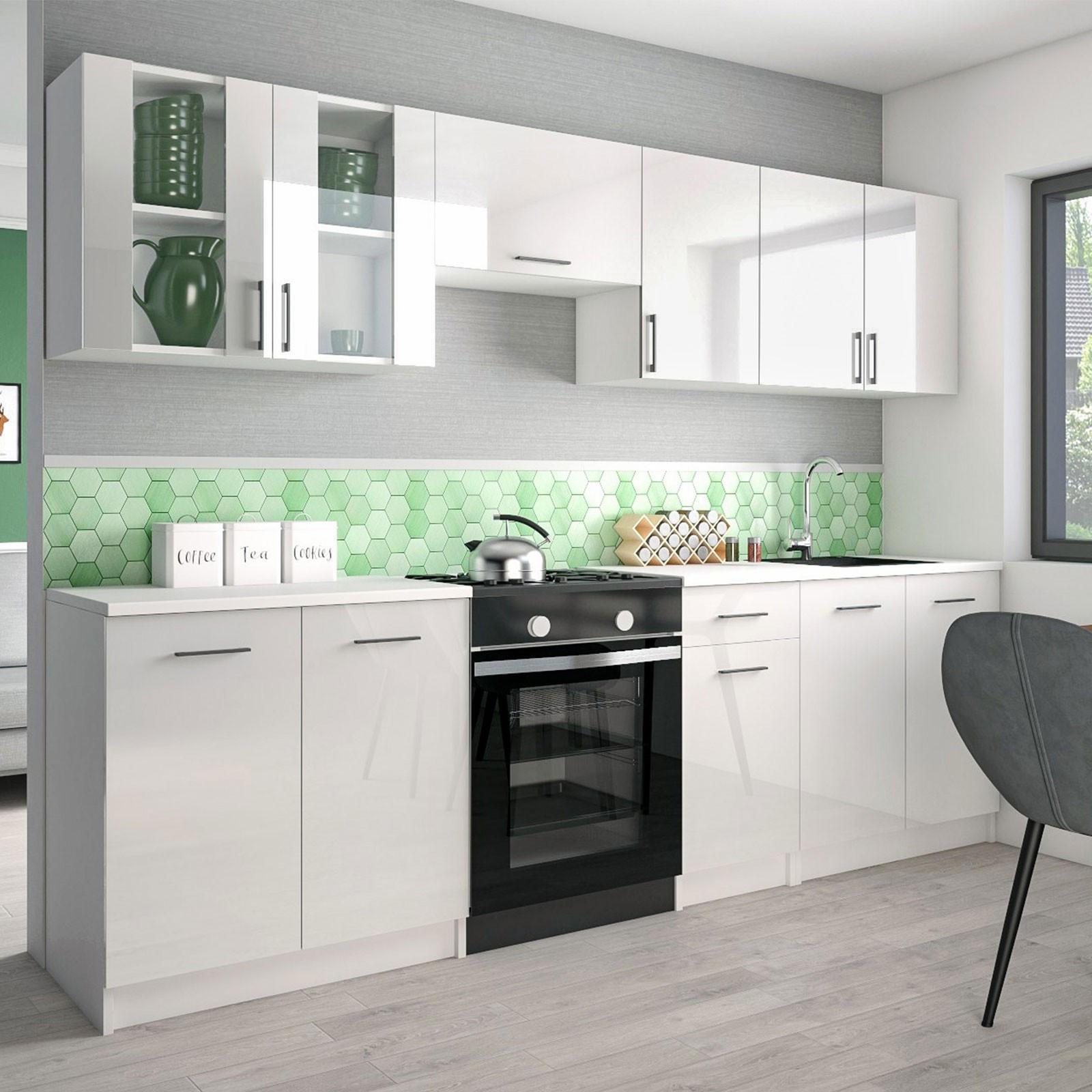 KÜCHENZEILE LECO 260 weiss glanz - Weiß Hochglanz, Holzwerkstoff (260/82/46cm) - roe furniture