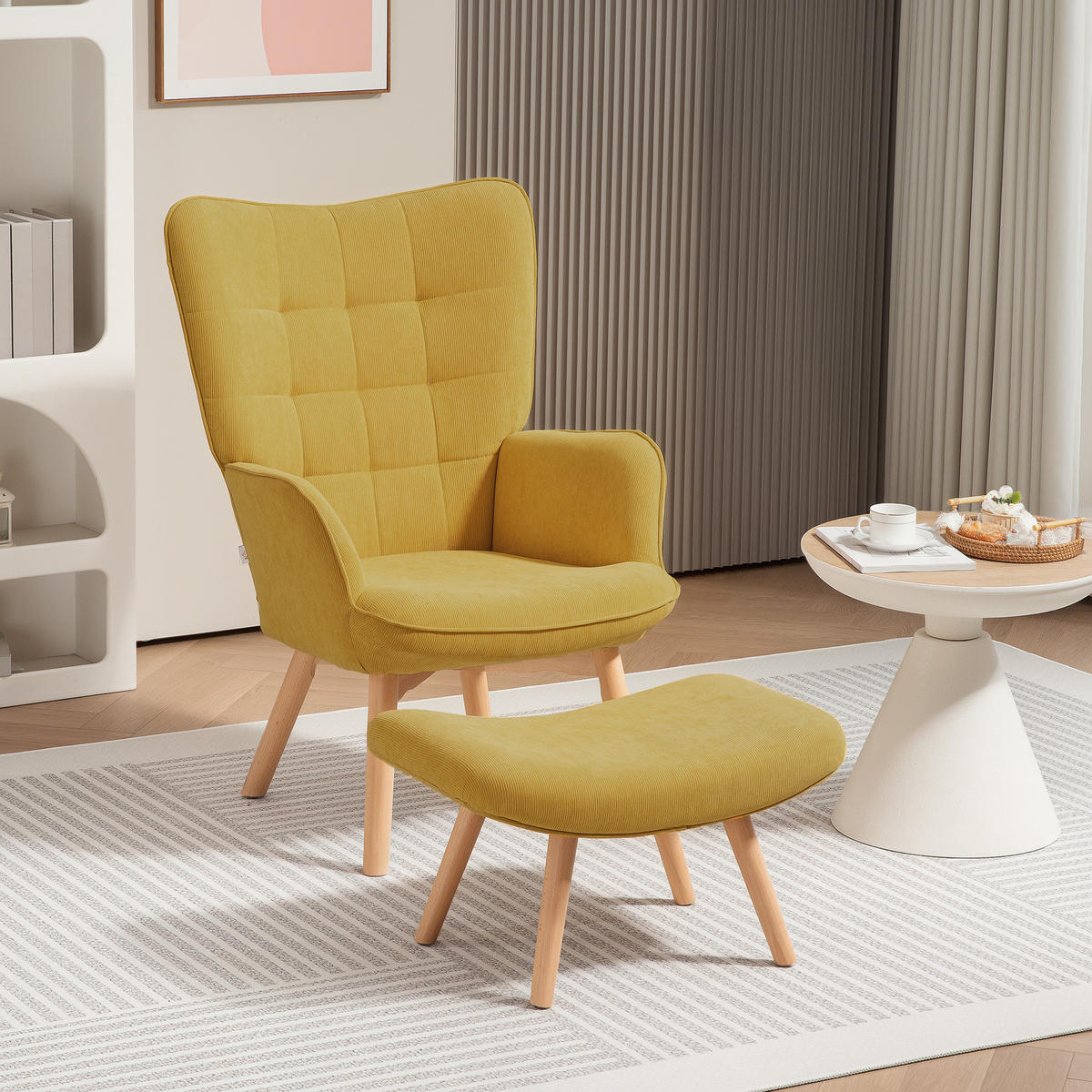 AKZENTSESSEL DE-07538 mit Hocker, Cord-Optik und Holzbeinen Orange - Orange, Textil (80/101/72cm) - ComfortXL