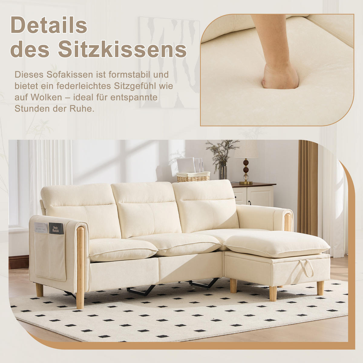 ECKSOFA DE-33940 mit Stauraumhocker und Seitentaschen Beige - Beige, Holz (77/201cm) - ComfortXL