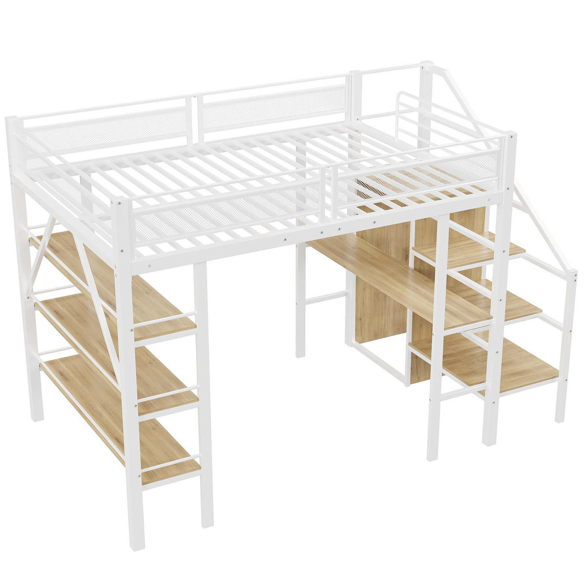 HOCHBETT 140/200 cm Weiß mit Schreibtisch und Dreilagigem Ablageregal aus Metall - Weiß, Metall (140/200cm) - OKWISH