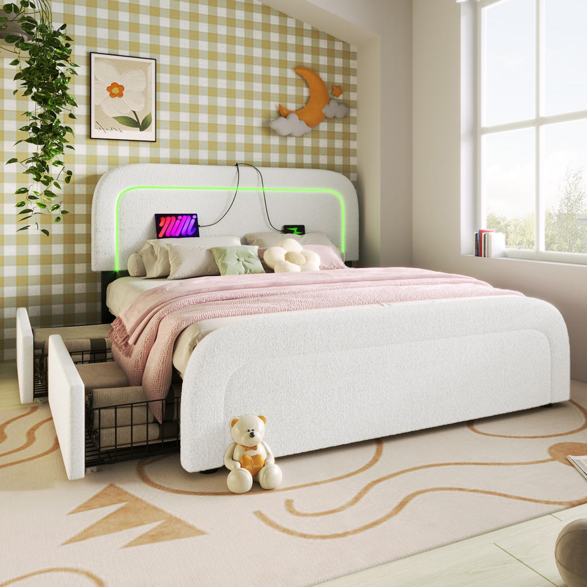 POLSTERBETT 160/200 cm Weiß aus Sherpa mit LED-Beleuchtung und USB- und Type-C-Anschlüssen - Weiß, Textil (160/200cm) - OKWISH