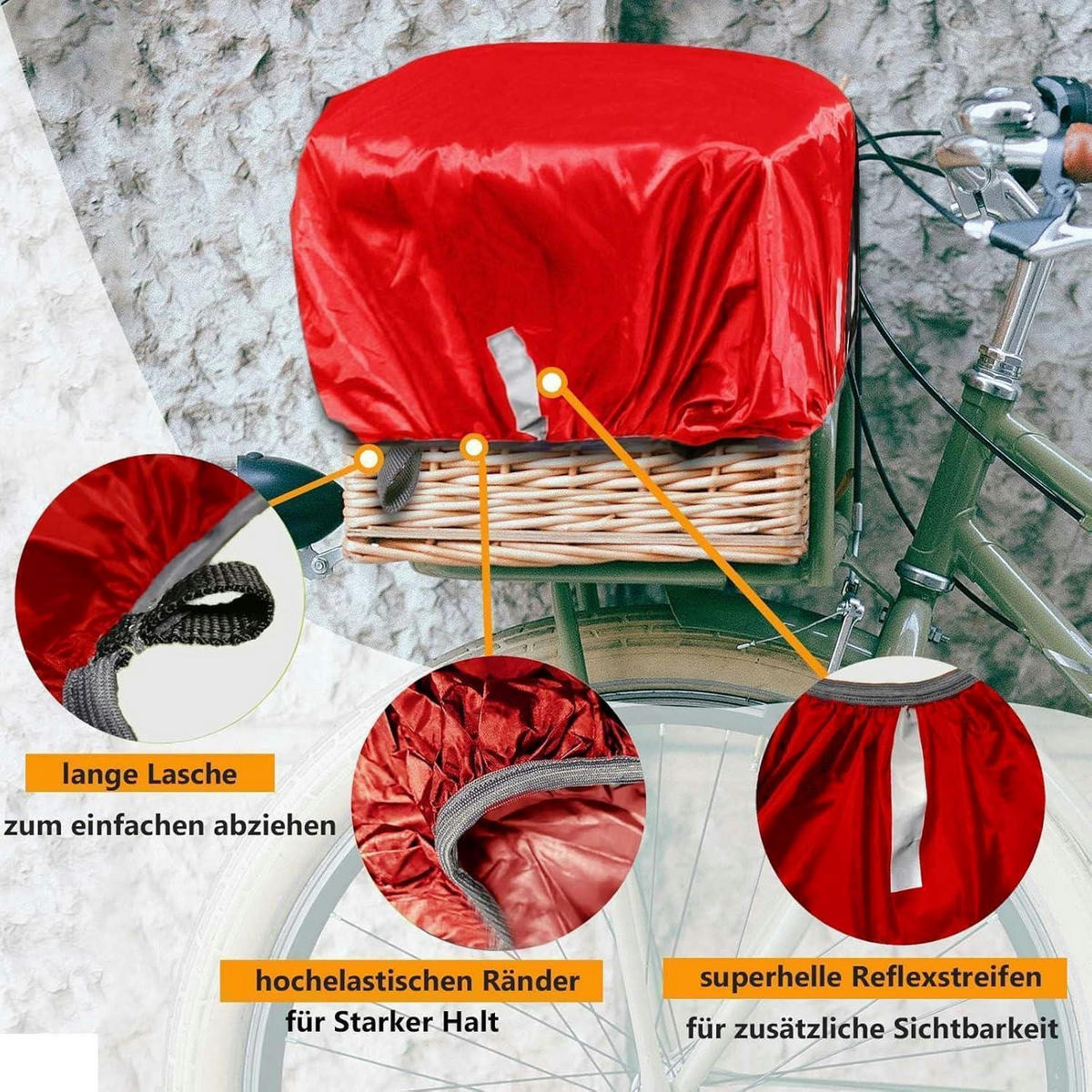 FAHRRADKORBABDECKUNG wasserdicht mit Reflektorstreifen bis 45x45cm Rot - Rot, Textil (30/45/45cm)