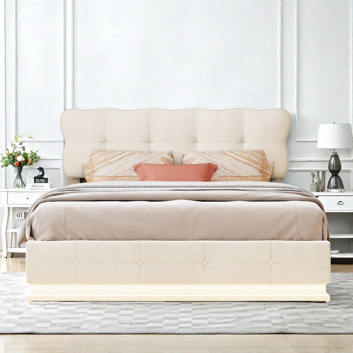 ČALOUNĚNÁ postel 140x190 cm béžová sametová LED plynová výsuvná skříňka - béžová, dřevo (140/190cm) - SHOPENTRA