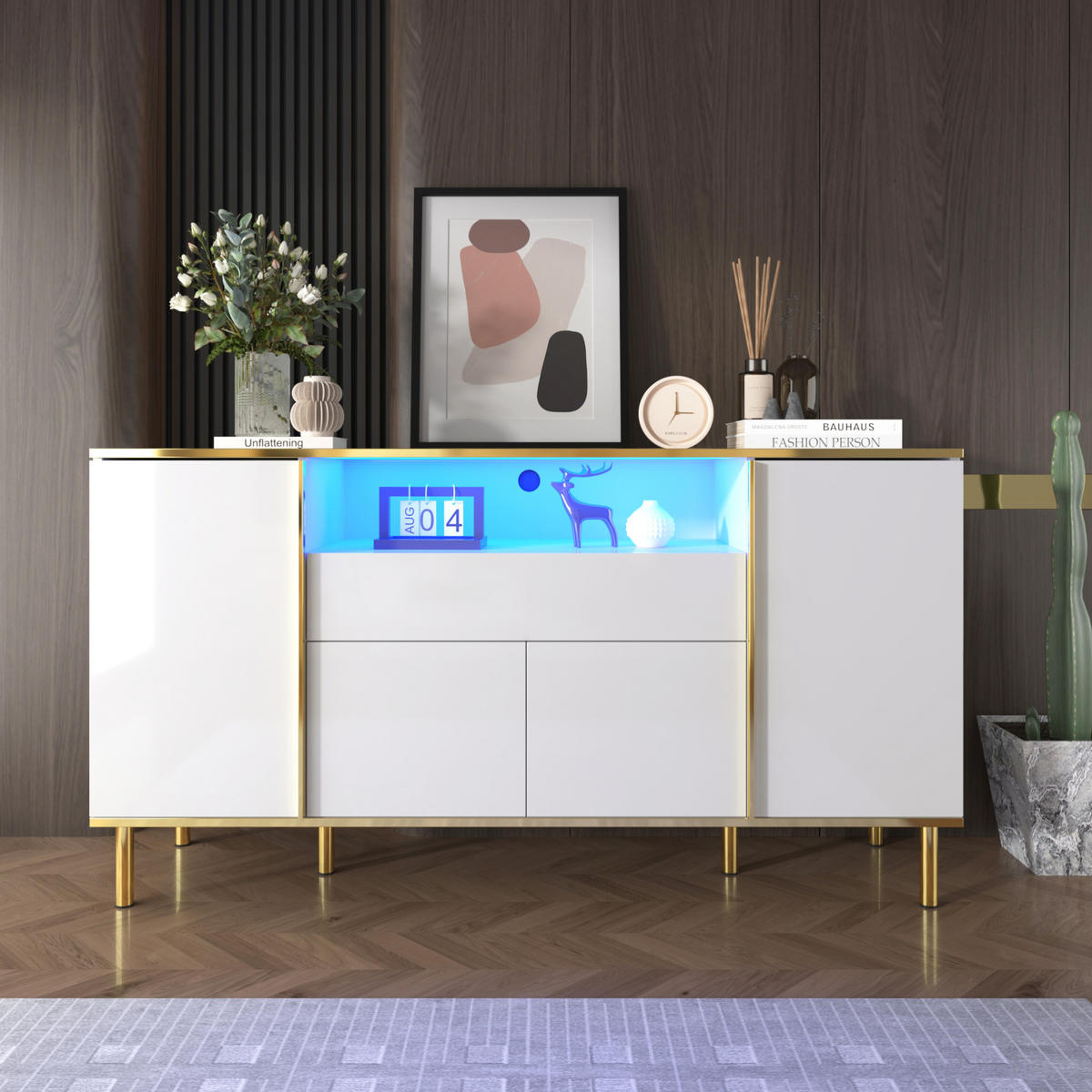 KOMMODE aus MDF & Spanplatte 150x40x80cm in Weiß mit LED-Beleuchtung - Weiß, Holzwerkstoff (150/80/40cm) - Modfu