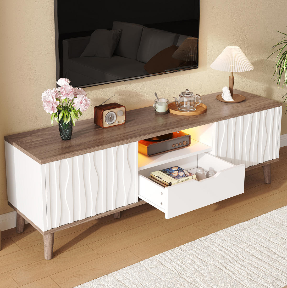 TV-ELEMENT mit LED-Beleuchtung 160 x 40 x 52 cm Weiß Deep Walnut - Weiß, Holzwerkstoff (40/52/160cm) - Beauniv