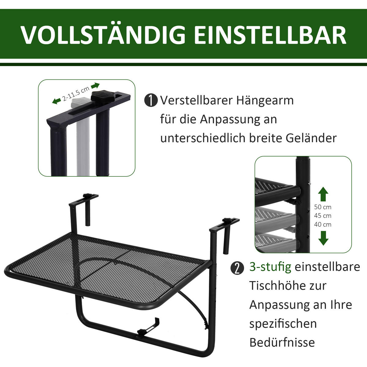 BALKONHÄNGETISCH, Schwarz, Metall - Schwarz, Metall (60/56.4/45cm) - Outsunny