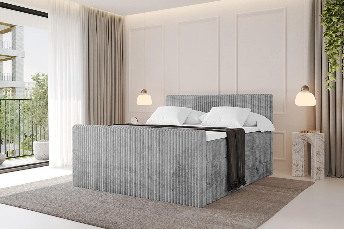 BOXSPRINGBETT mit Matratze H3|H4 und Lattenrost - TOLO-Z KING 140x200 Cord - Hellgrau - Hellgrau, Holzwerkstoff (140/200cm) - ALTDECOR