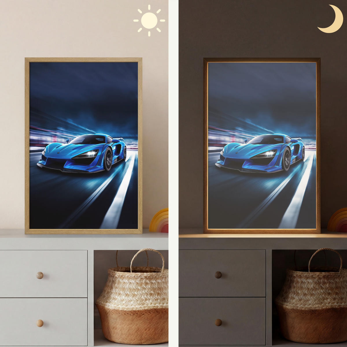 NÁSTĚNNÁ LAMPA S AKUMULÁTOREM Auto - Modrá - Chlapci - Dítě 40x60 cm - modrá, kompozitní dřevo (40/60/8cm) - OnlyWow