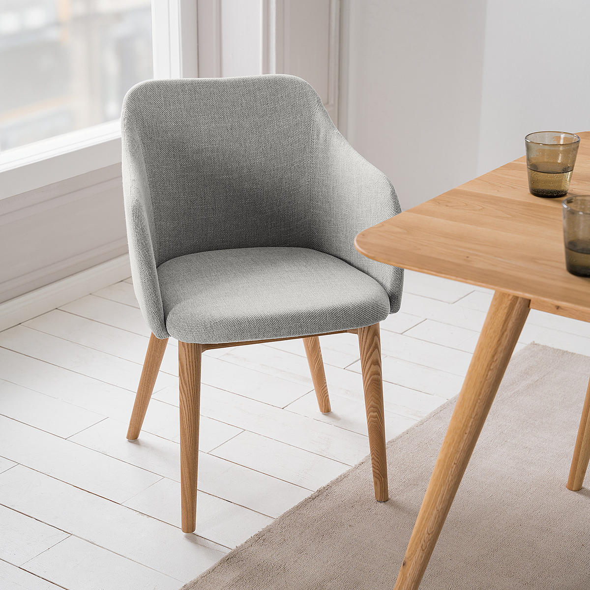 ARMLEHNENSTUHL - Webstoff / Esche massiv - Hellgrau, Textil (54/79/60cm) - home24