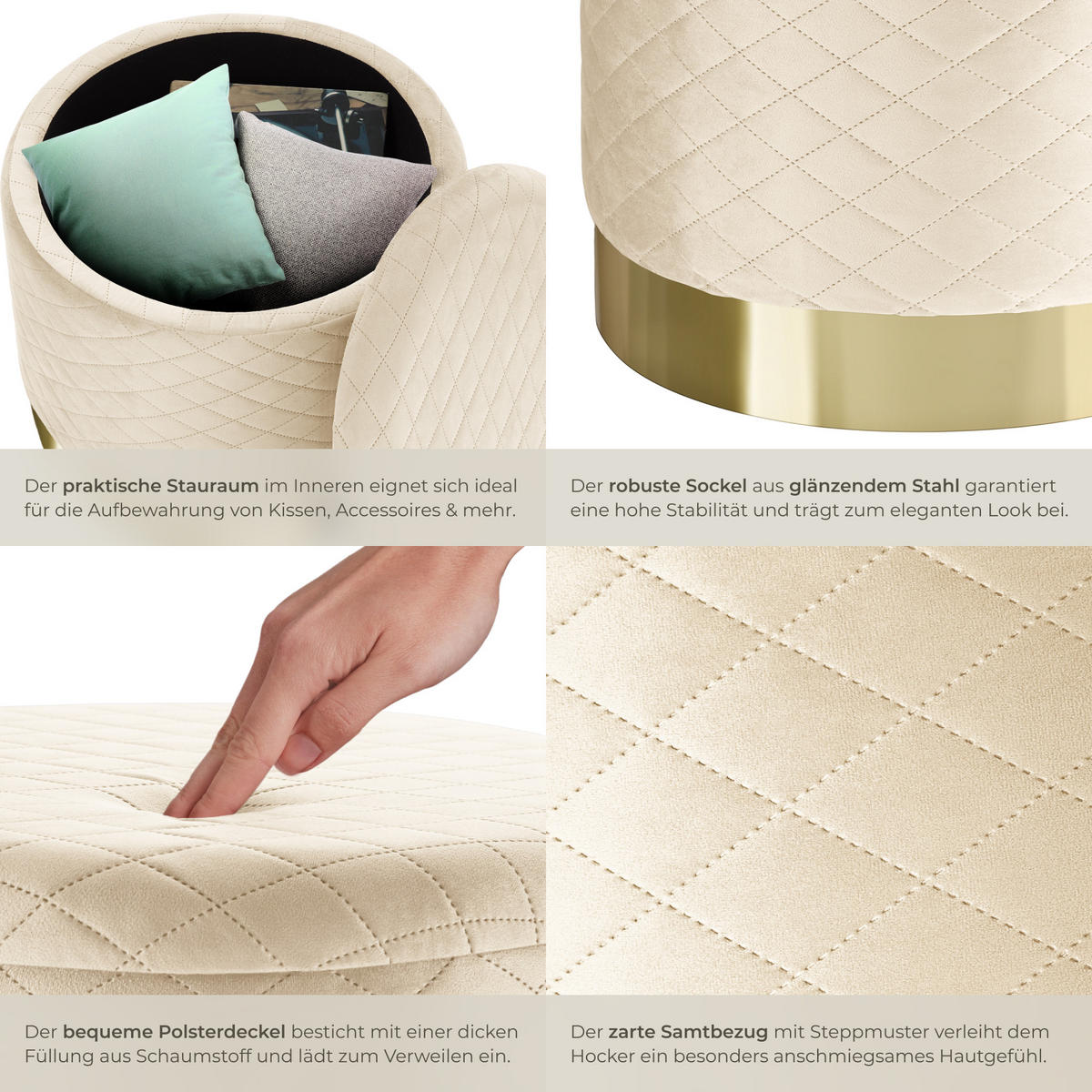 SITZHOCKER mit Stauraum Coco,51 x 44,5 cm,creme - Creme, Holz (51/44.5/51cm) - tectake