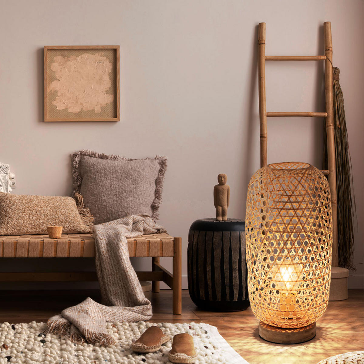 TISCHLEUCHTE Bambusoptik Braun - Braun, Holz (22/22/46cm) - Globo Lighting