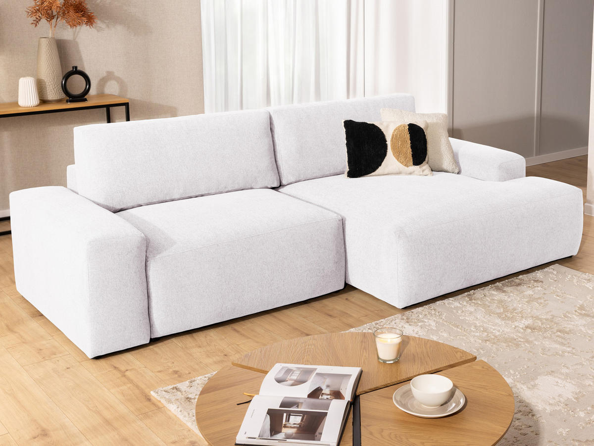 ECKSOFA Lennon aus Creme Strukturstoff mit Schlaffunktion und Bettkasten - Creme/Schwarz, Holz/Kunststoff (264/137cm) - S-Style