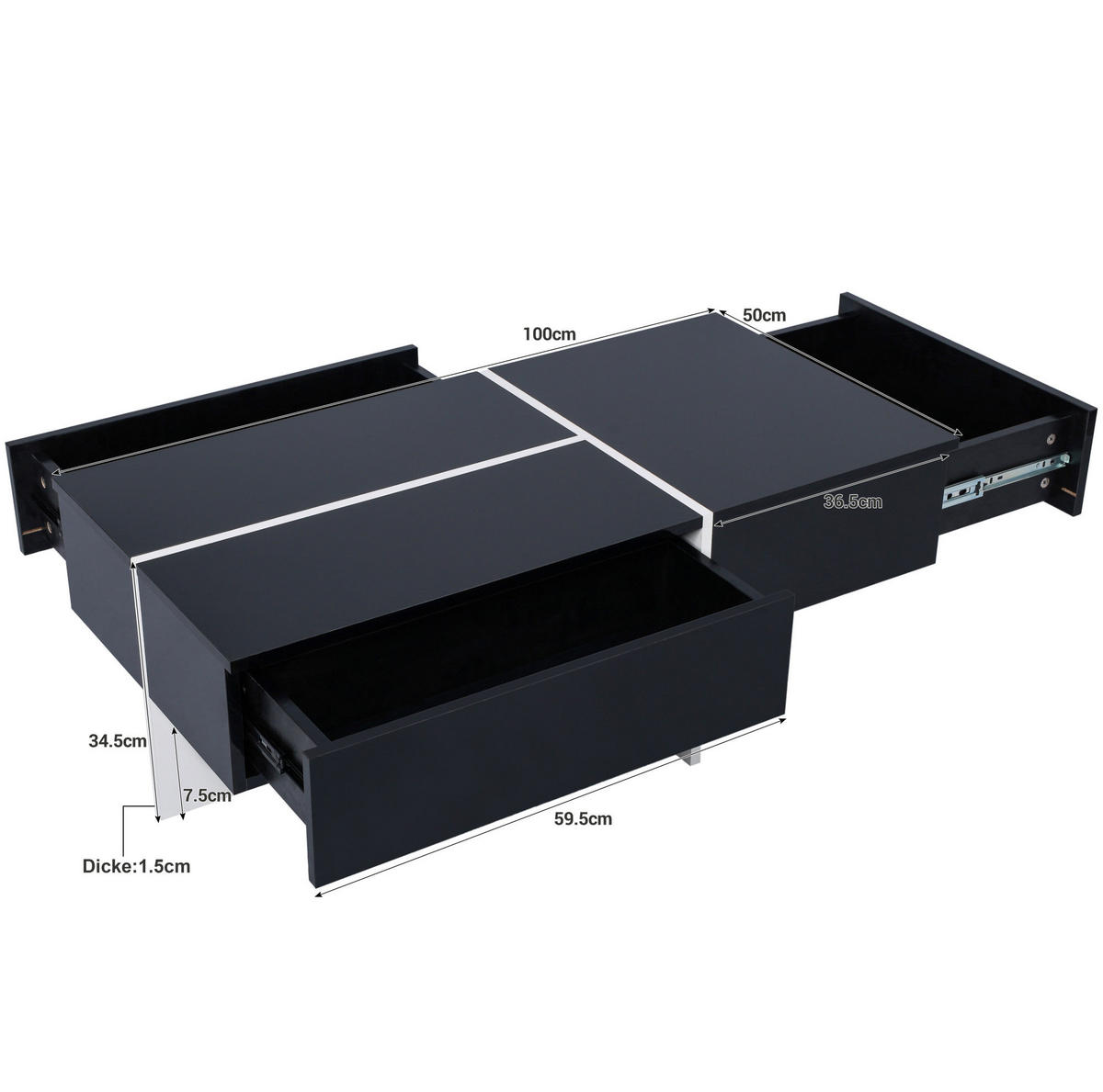 COUCHTISCH 100/50/34,5 cm in Schwarz Hochglanz mit 3 Schubladen und LED-Beleuchtung - Schwarz, Holzwerkstoff (100/50/34.5cm) - Flora Grace