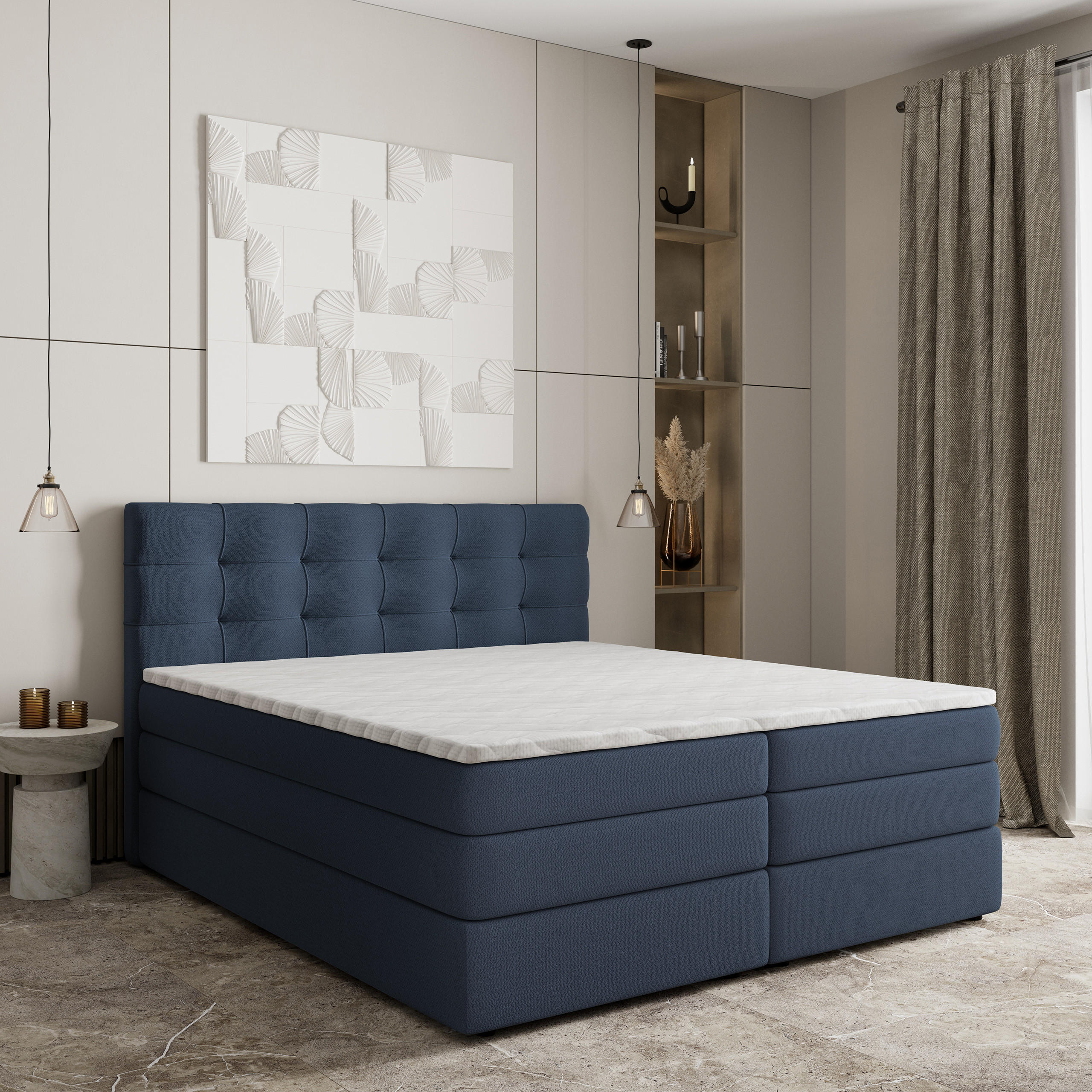 BOXSPRINGBETT AREZI 140x200 cm mit Matratze und Topper - Blau - Blau, Holz (140/200cm) - MASSENO
