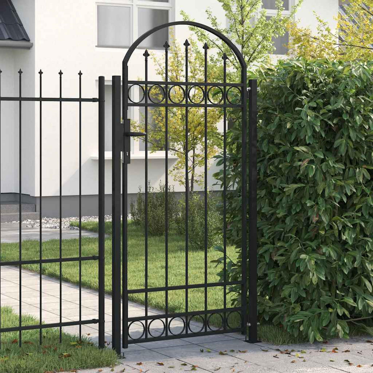GARTENTOR mit gewölbter Spitze und 2 Pfosten, 105/204 cm, aus Stahl, Schwarz - Schwarz, Metall (105/204cm) - vidaXL