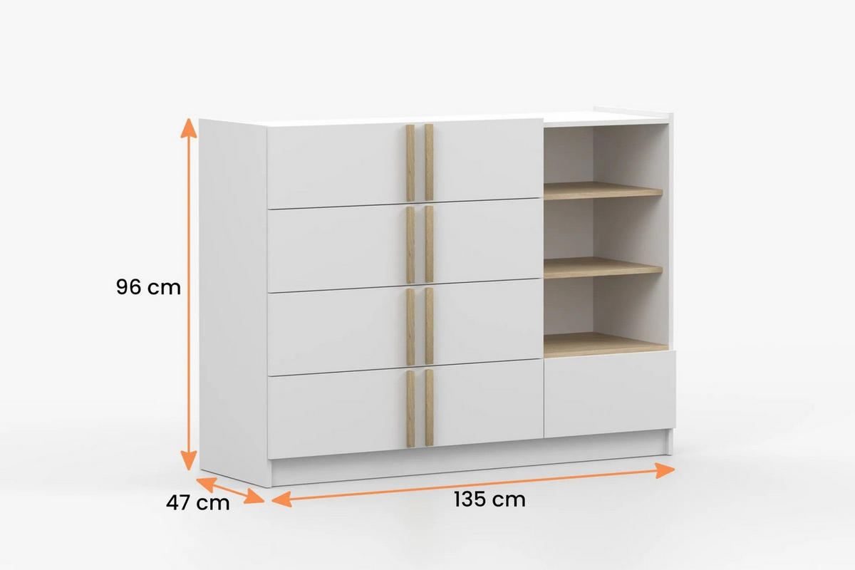 KOMMODE SAVI 5S 135/96/47 cm in Weiß - Weiß, Holzwerkstoff (135/96/47cm) - Deine Möbel 24