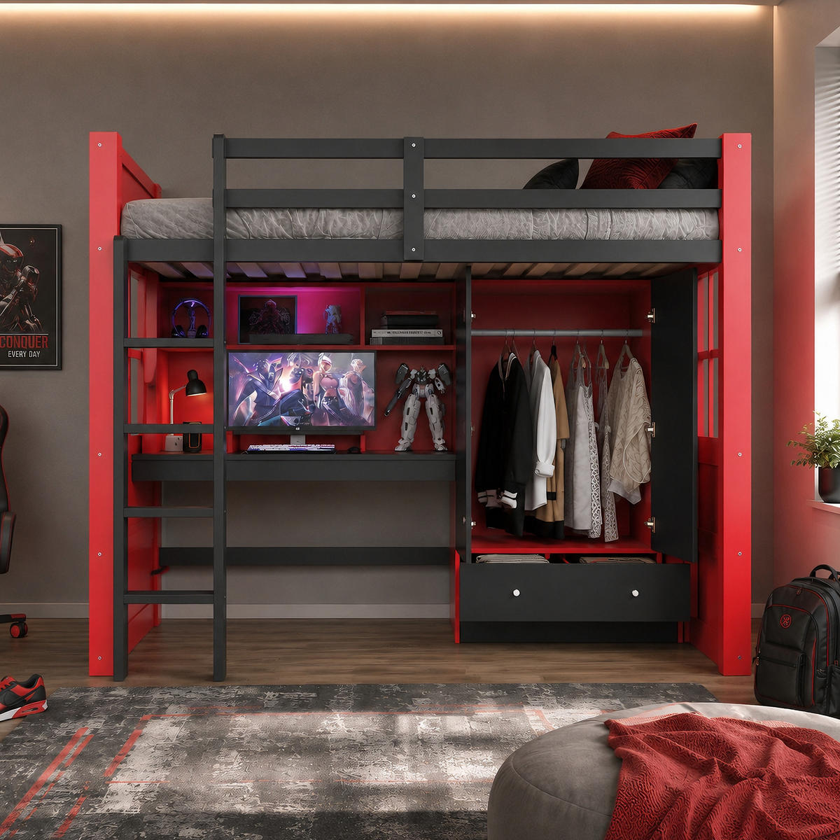 HOCHBETT 90/200 cm in Schwarz & Rot mit LED, Steckdosen, Schrank und Schubladen - Rot, Holz/Holzwerkstoff (90/200cm) - WISHDOR