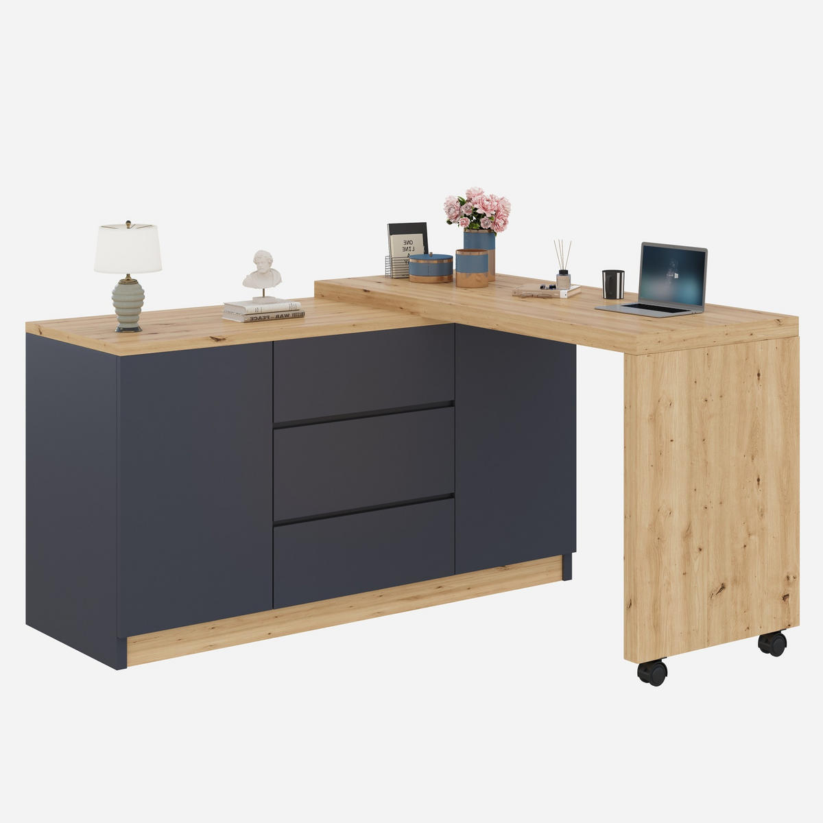 SCHREIBTISCH 120/50/76,5 cm drehbar & klappbar mit 3 Schubladen - Grau, Holzwerkstoff (120/50/76.5cm) - BEAOK