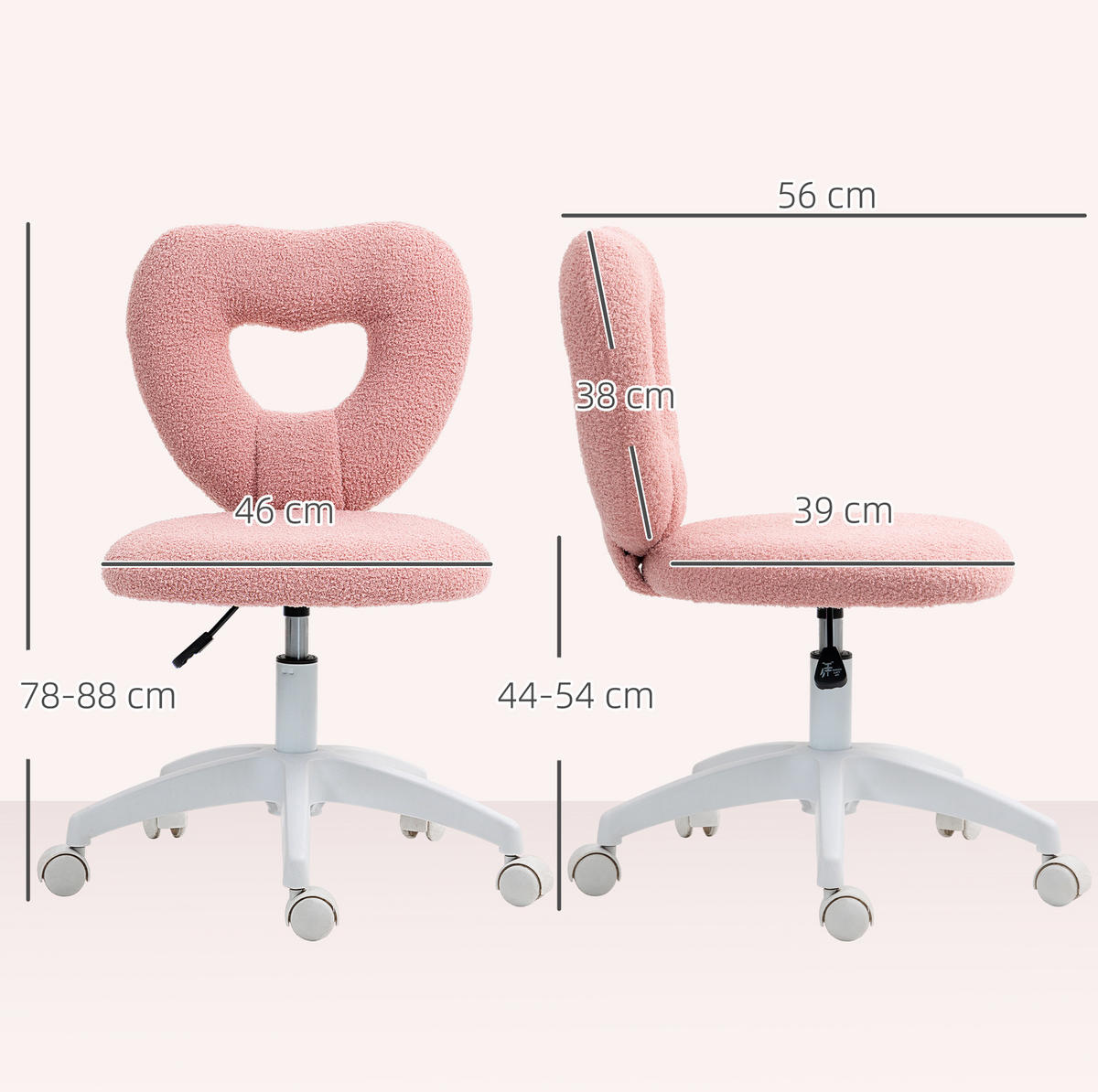 BÜROSTUHL in Pink 45x56x88 cm mit herzförmiger Rückenlehne, höhenverstellbar und drehbar - Pink, Textil (56/88/45cm) - IVMEU