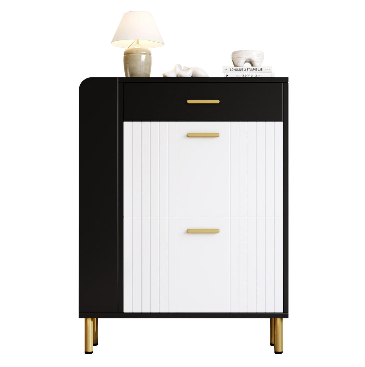 SCHUHSCHRANK 80/24/105 cm weiß/schwarz aus MDF mit Klappenfächern - Weiß, Holzwerkstoff (80/105/24cm) - OKWISH