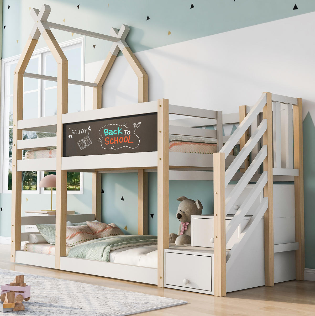 HAUSBETT 90/200 cm in Weiß mit Stauraumtreppe und Tafel im Baumhaus-Design - Weiß, Holzwerkstoff (90/200cm) - Flora Grace