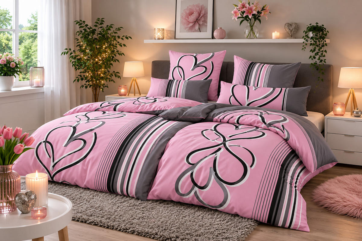BETTWÄSCHE Herzen Rosa/Grau 135x200 cm – 2-teilig, 40x80 cm Kissenbezug, Baumwolle-Polyester - Multicolor, Naturmaterialien (155/200cm) - Nesbel – Beauty & Ambiente