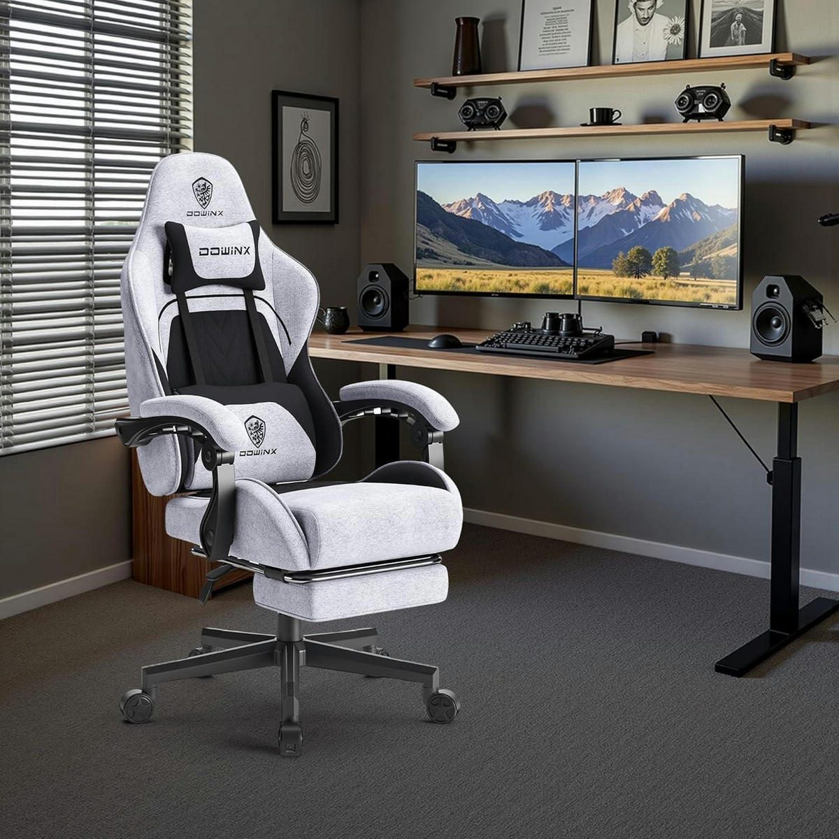 GAMING Stuhl mit Fußstütze Stoff Schwarz Grau Gestreift - Grau, Textil (40/40/40cm)