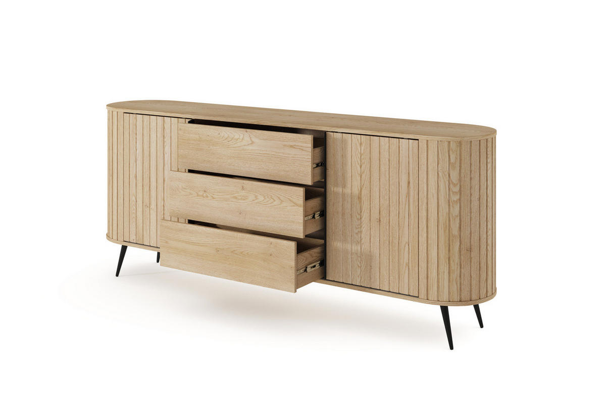 SIDEBOARD LOVI 196 cm Eiche Cremona - mit Schiebetüren und Riffel-Front - Eichefarben/Schwarz, Holz/Holzwerkstoff (196/82/40cm) - Ravio