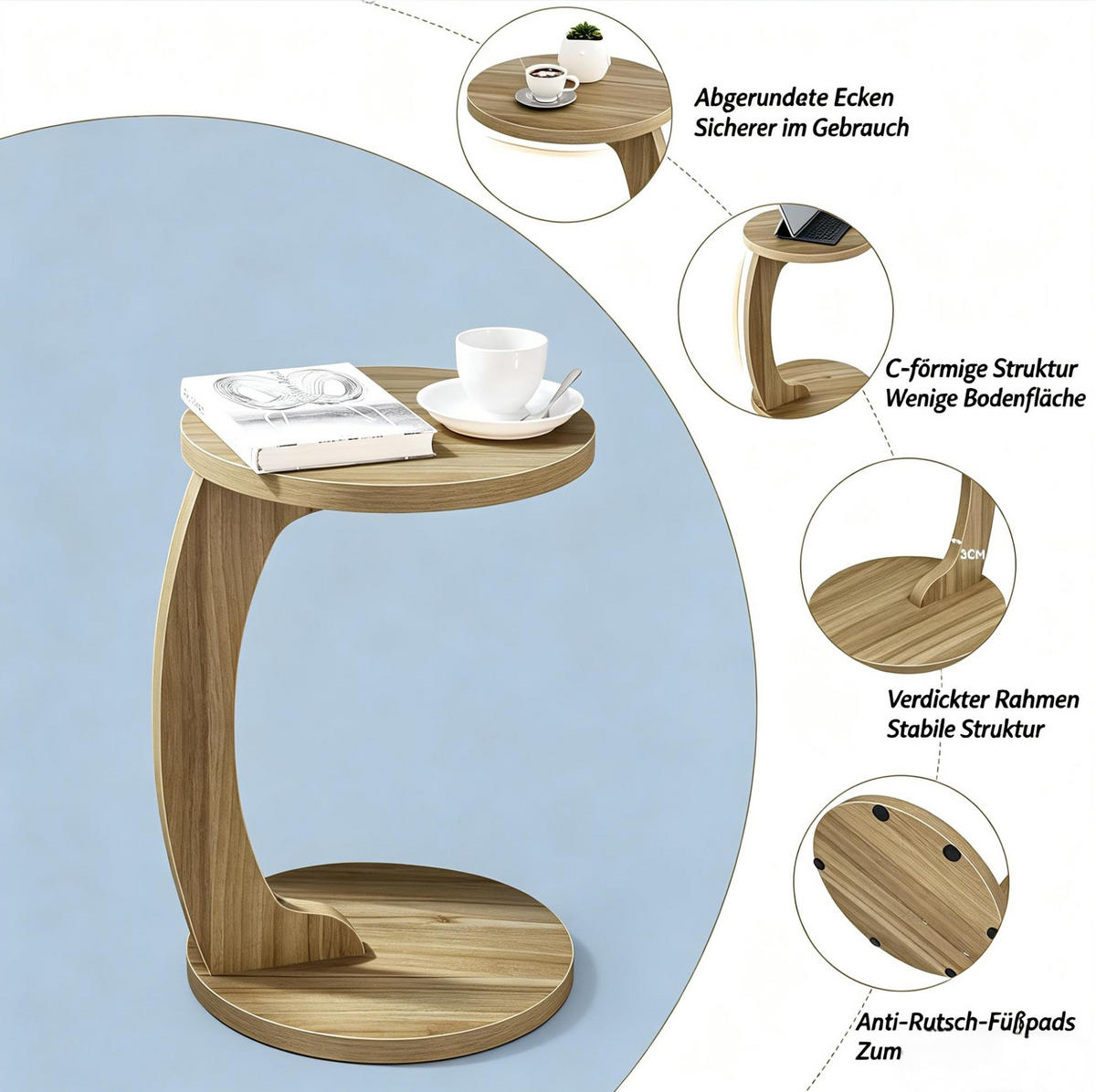 BEISTELLTISCH 38/38/55 cm in C-Form mit platzsparendem Design und robuster MDF-Platte, Lichteiche - Naturfarben, Holzwerkstoff (38/38/56cm) - Redom