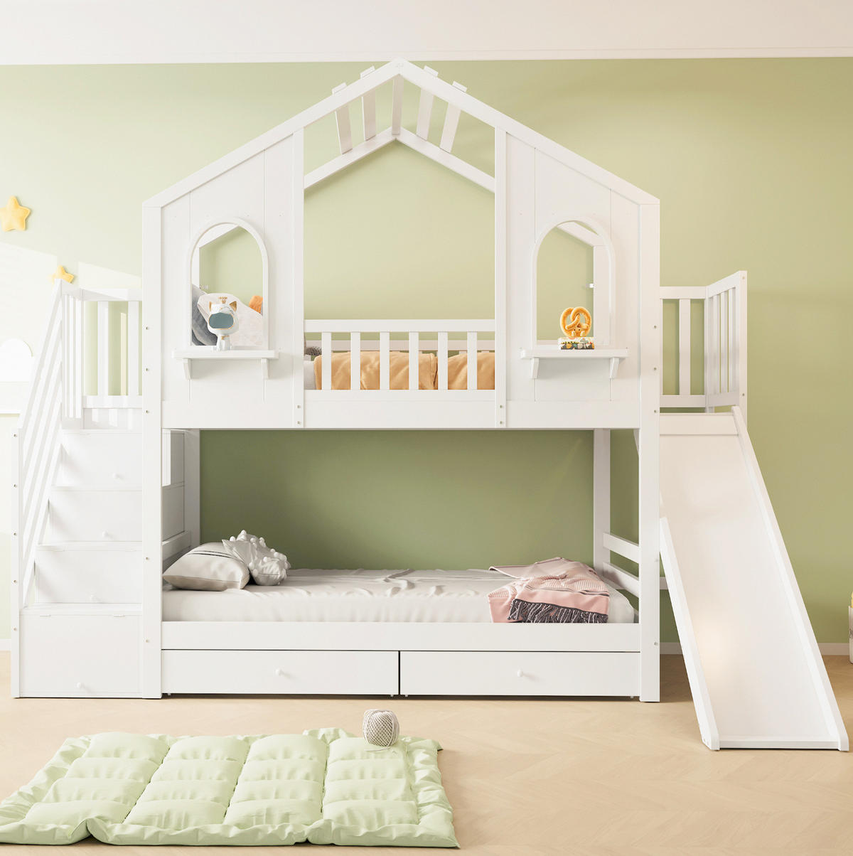 ETAGENBETT Hausförmig 90/200 cm, Weiß mit Rutsche und Stauraum - Weiß, Holz (90/200cm) - MIVRAY
