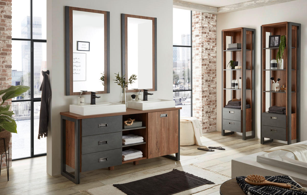 BAD-REGAL Eiche Stirling, Matera grau, Badmöbel Hochschrank 49 x 202 cm - Eichefarben/Grau, Holzwerkstoff/Metall (49/202/33cm)