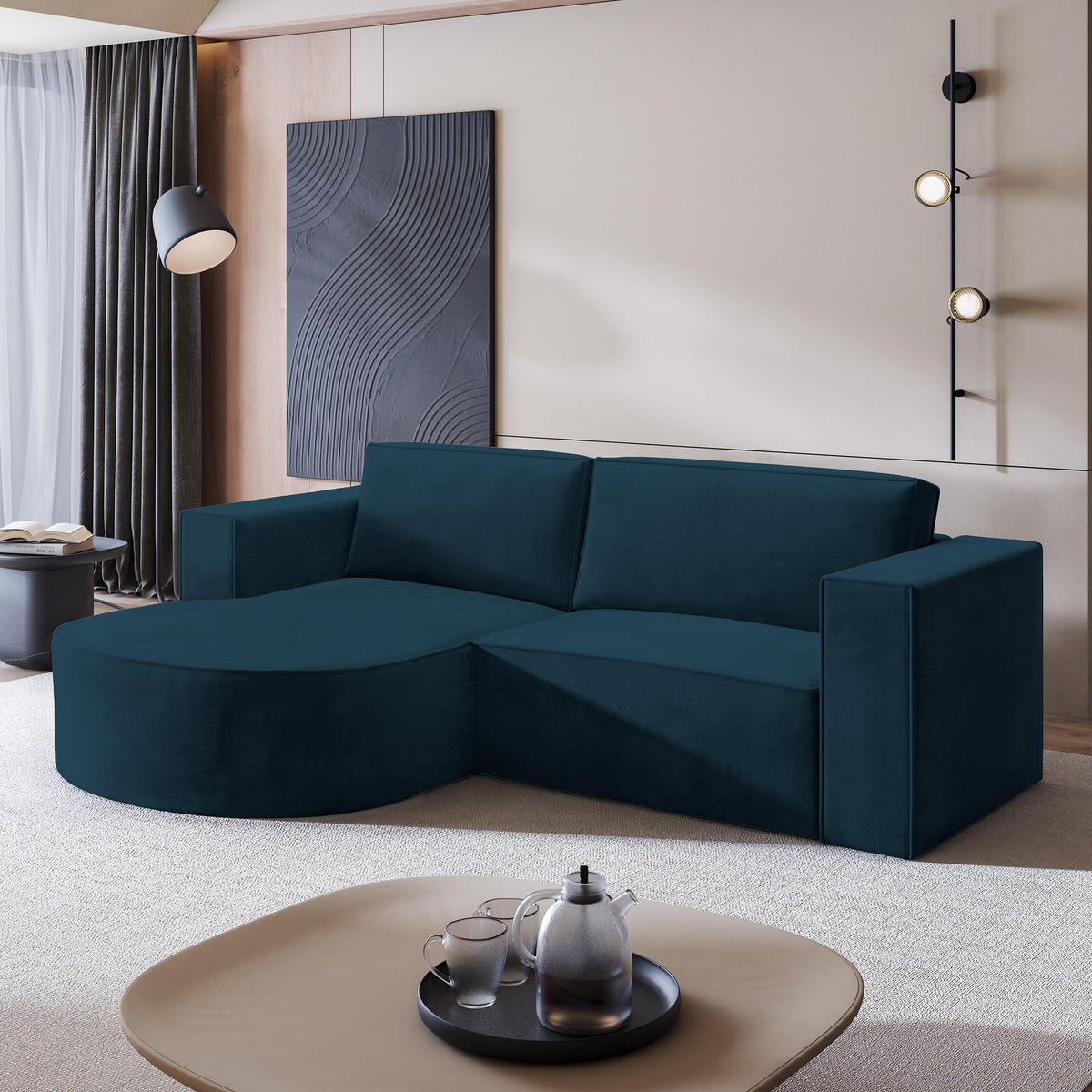 ECKSOFA SORELA M L-S Blau Velours-Stoff mit Schlaffunktion - Blau, Holz (263/174cm) - MASSENO