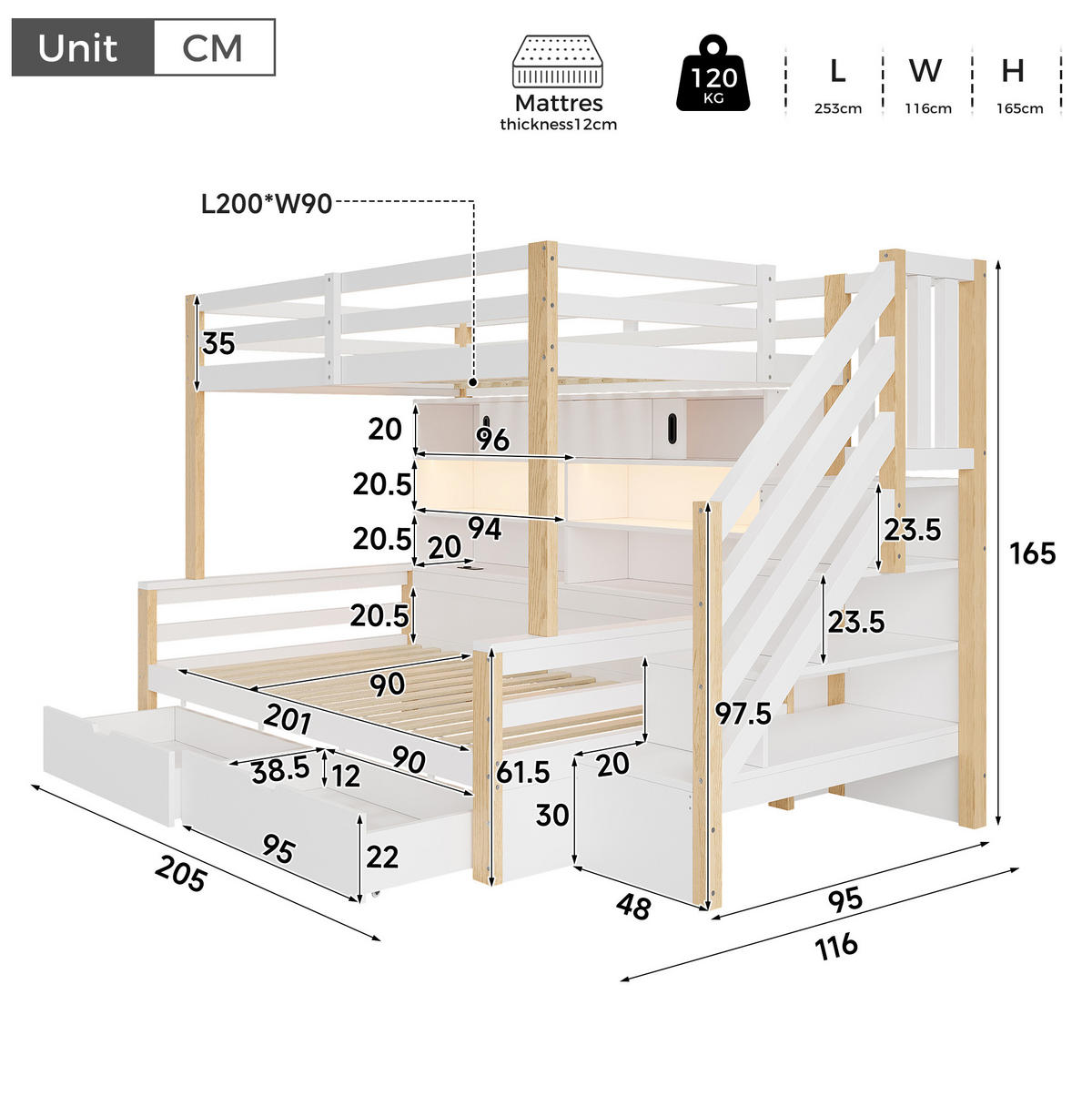 ETAGENBETT aus Kiefernholz 90x200 cm Weiß mit Stauraumtreppe, LED-Leiste und USB-Anschluss - Weiß, Holz (90/200cm) - Modfu