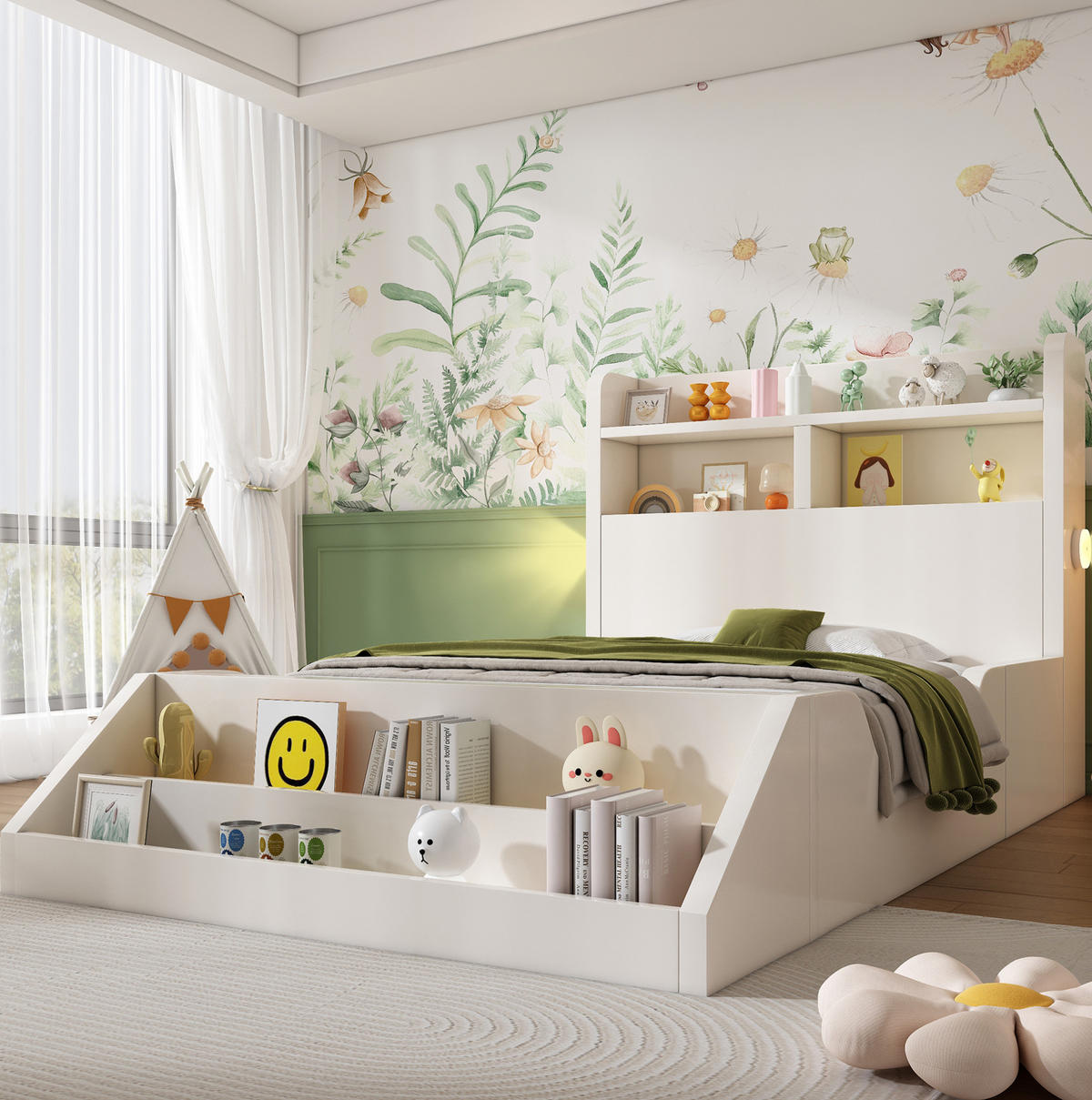 KINDERBETT 90/200 cm in Weiß mit Bücherregal, Ablagen und Nachtlichtern - Weiß, Holzwerkstoff (90/200cm) - BEAOK