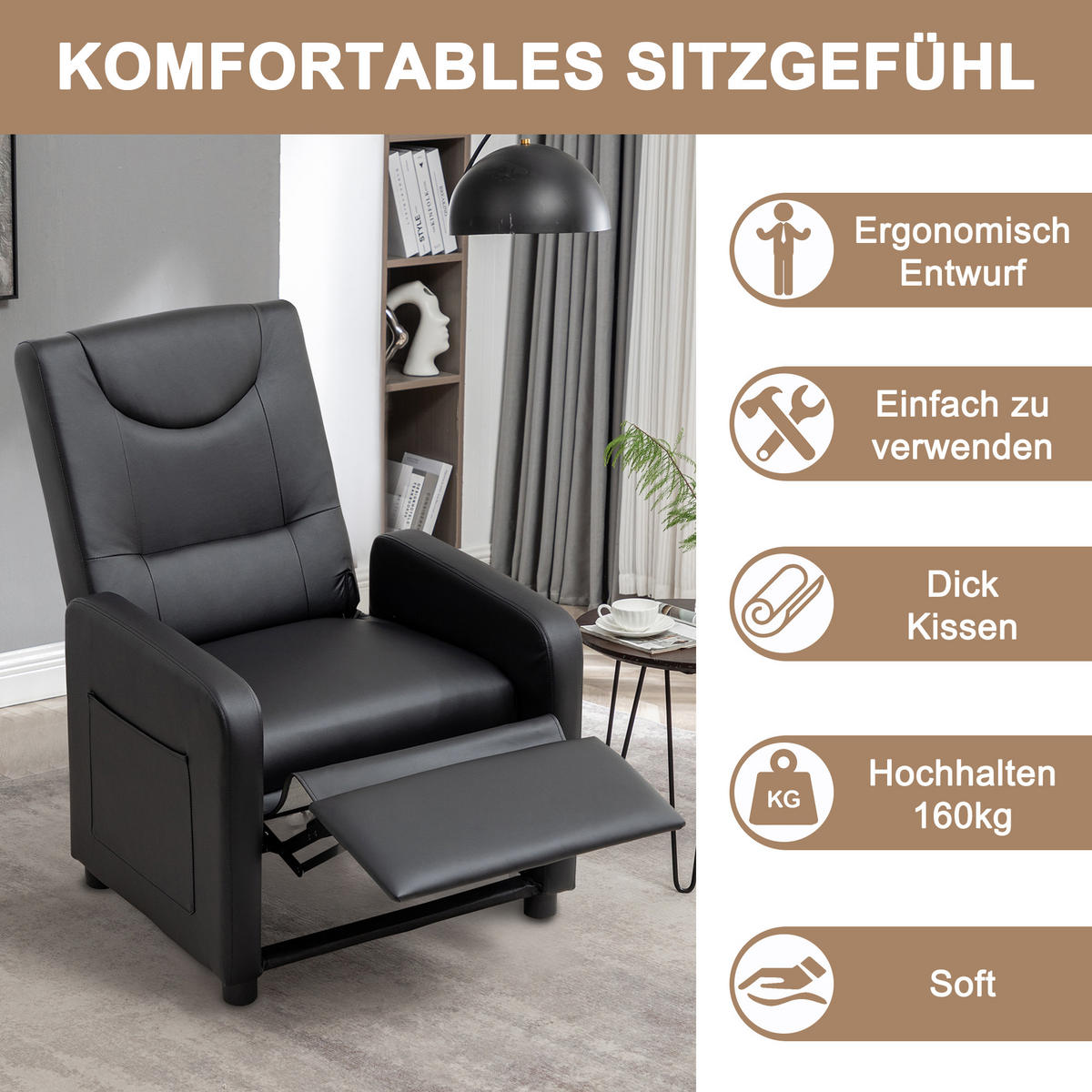 RELAXSESSEL PU mit verstellbarer Rückenlehne, klappbarer Fußstütze 76,5/67,5/95,5 cm Schwarz - Schwarz, Kunststoff (67.5/95.5/76.5cm) - Redom